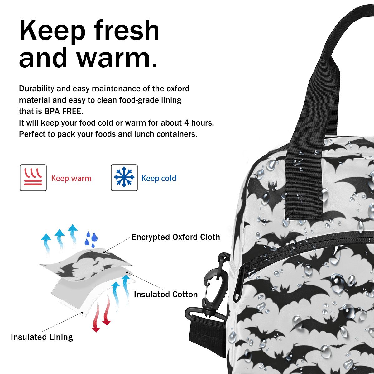 Herdesigns Halloween Bat Insulated Lunch Bag for Women Men Adults Large Reusable Lunch Box Black and White Bat Leakproof Cooler Tote Bags with Adjustable Shoulder Strap