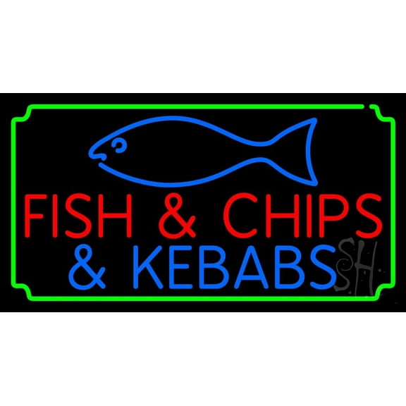 Fish and Chips N Kebabs LED Neon Sign 13 x 24 - inches, Clear Edge Cut Acrylic Backing, with Dimmer - Bright and Premium built indoor LED Neon Sign for restaurant window and interior decor.