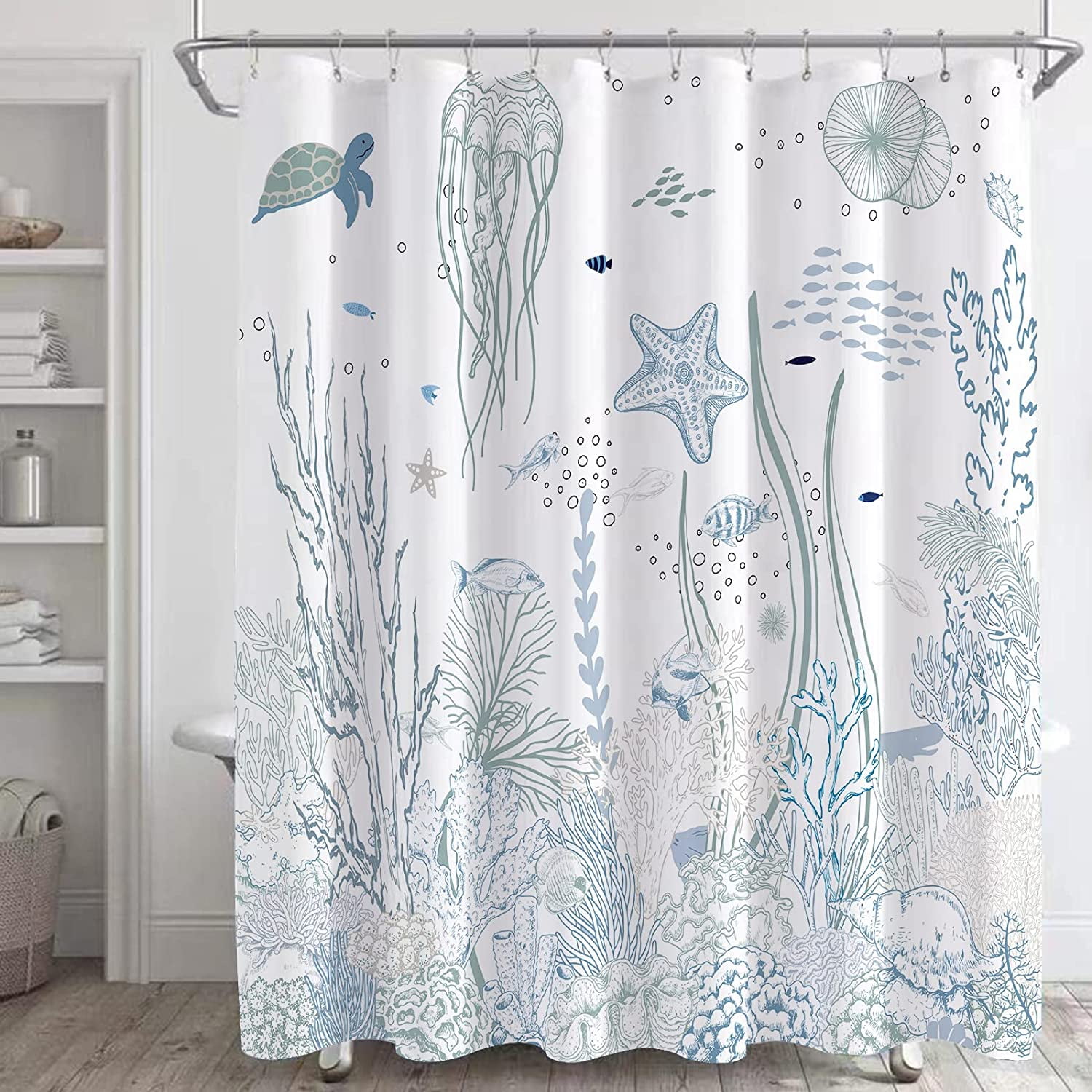 Nautical Coastal Shower Curtain Sets,Starfish Seashell Coral Beach
