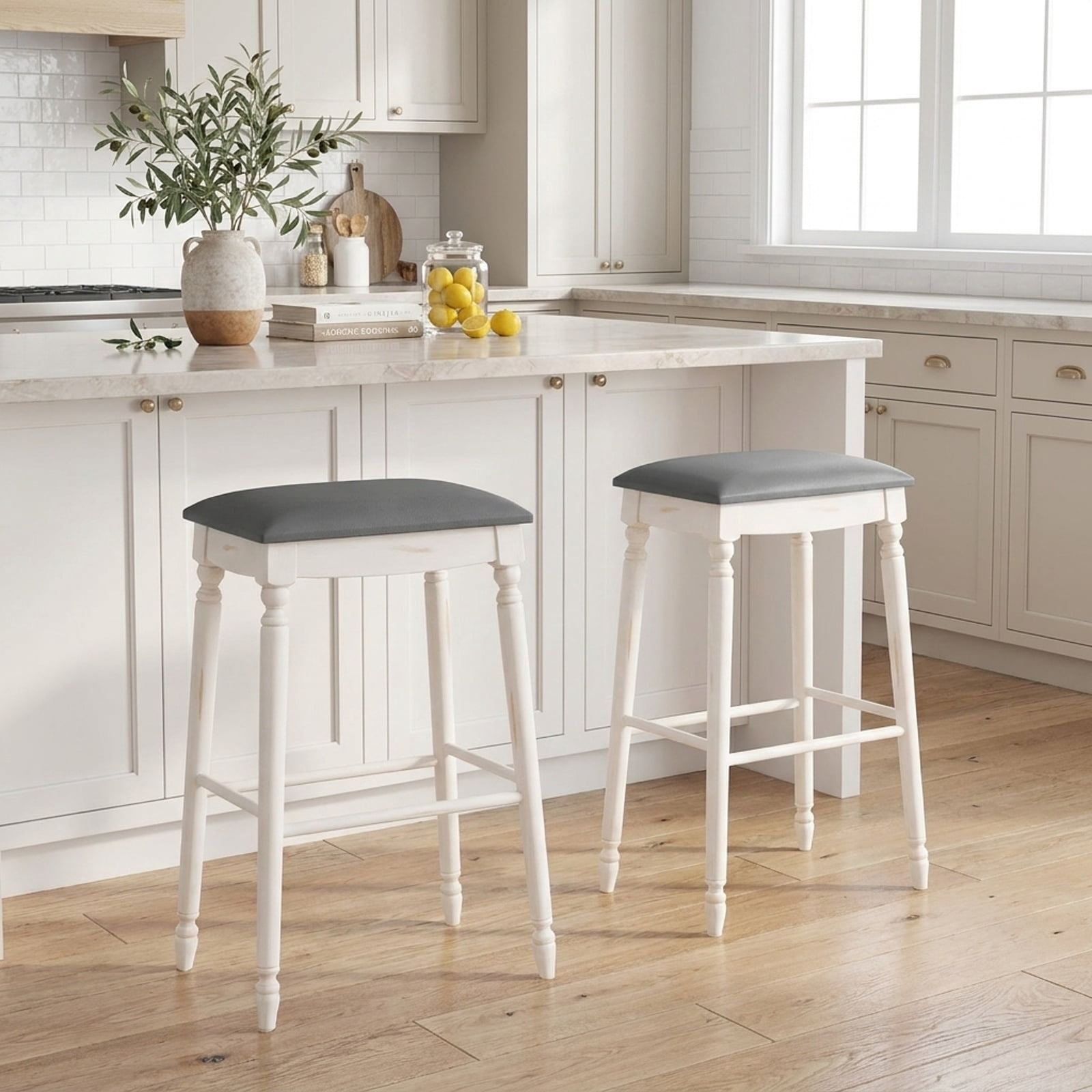 Furnibear 29 Inch Bar Stool Set of 2 with Padded Seat Cushions and Wood Legs-29 inches for Kitchen Island Counter Bar Pub Dining Home, White