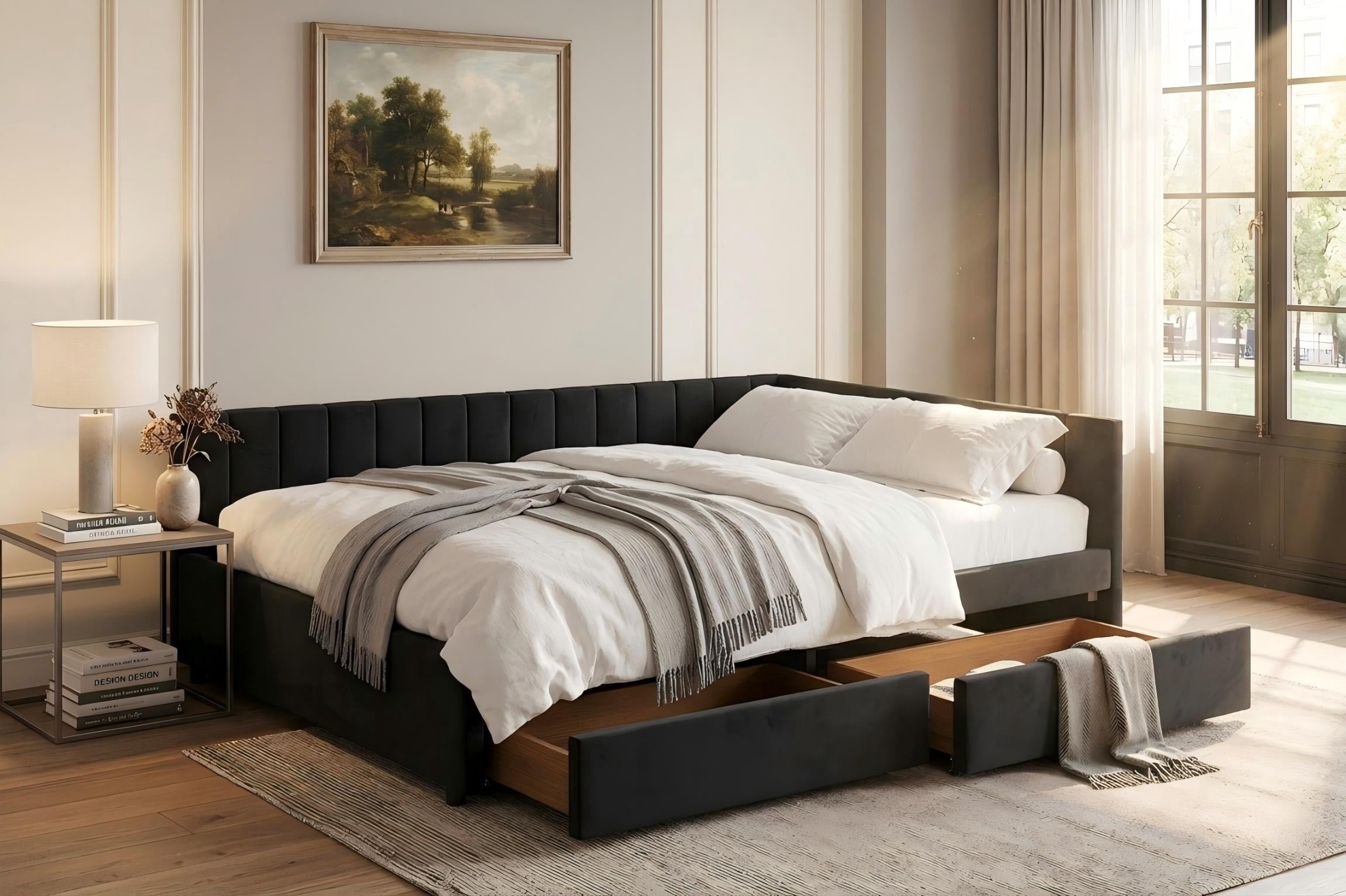 Aukfa Full Size Upholstered Daybed with 2 Storage Drawers, Velvet L-Shaped Channel-Tufted Headboard, Black