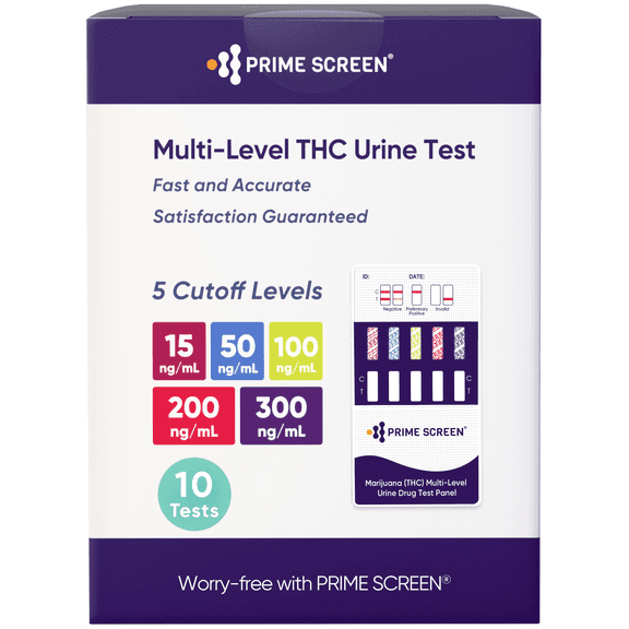 Prime Screen Multi-Level Marijuana THC Urine Test Kit – Detects Marijuana at 15, 50, 100, 200, and 300 ng/mL [10-Pack]