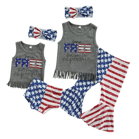 

Musuos 3Pcs Sisters Matching Tracksuit Independence Day Tassels Tank Tops + Pantie/Flared Pants + Hairband for Girls