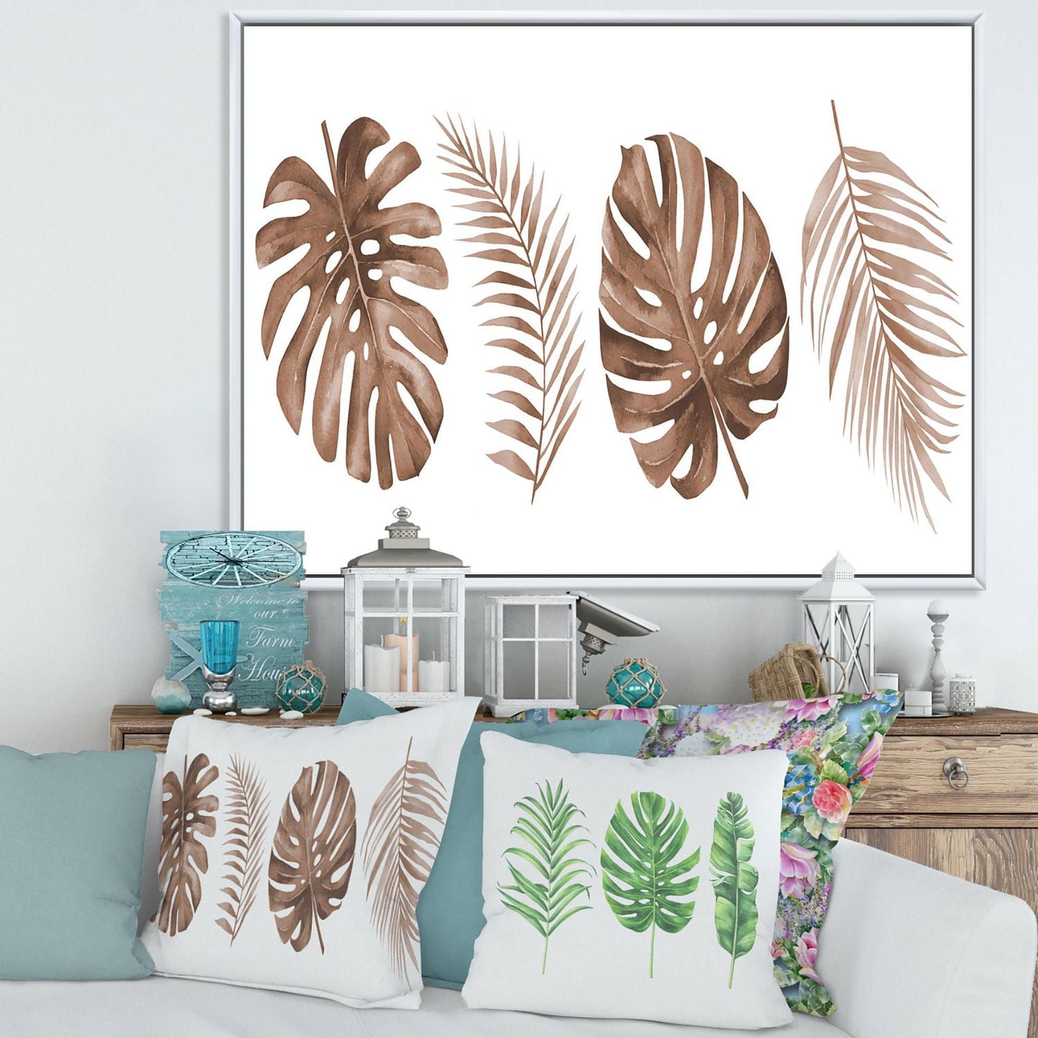 Designart Tropical Monstera and Palm Leaf In Terracotta FLOAT FRAME WALL ART