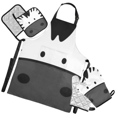Ryvnso Funny Zebra Face Kitchen Apron Oven Mitts Set Pot Holders