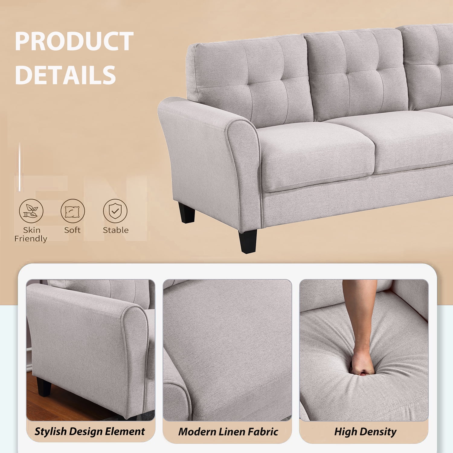 Kadyn Modern Living Room Sofa Set, 2 Piece Living Room Linen Sofa Set with Loveseat, and Accent Chair, Upholstered Couch Furniture for Home, Light Grey