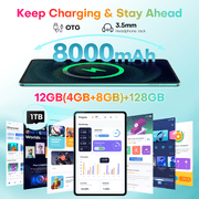 ODEA 12 inch Tablet 2K FHD IPS Android 15, A12 12GB RAM+128GB ROM(2TB TF), Octa Core, 8000mAh, 8MP+13MP Dual Camera, Face Unlock/GPS/Widevine L1/GMS/5G WiFi/BT5.0, Home Office & Entertainment