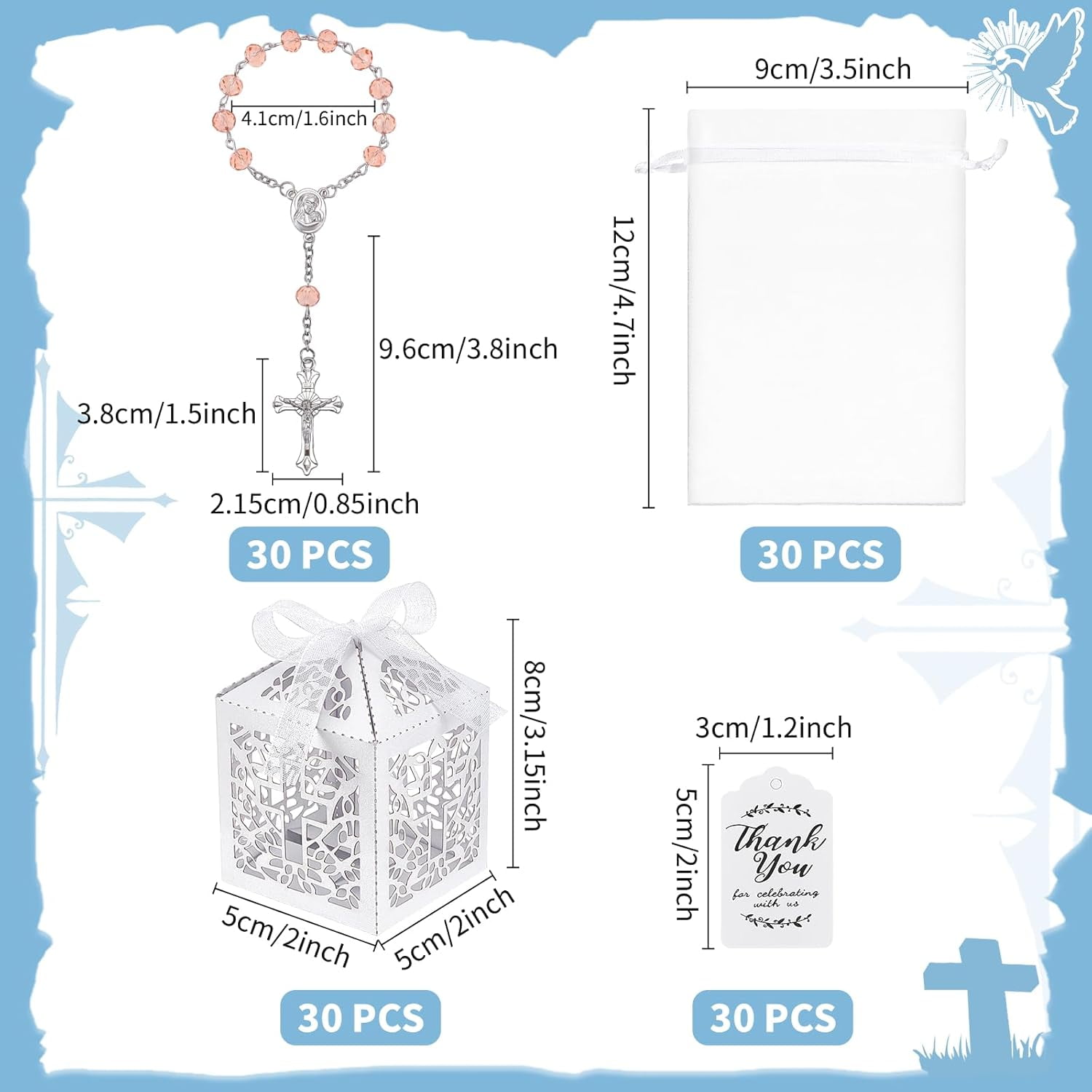 120PCS Baptism Favors Set Including 30 Mini Rosary Baptism Favors 30 Hollow Gift Boxes 30 Organza Bags 30 Thank You Tags Christening