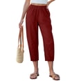 thumbnail image 2 of Capri Pants for Women Linen Barrel Petite Pants High Waisted Pull On Elastic Waist Casual Summer Capris Beach Vacation Trouser Wine XL, 2 of 6