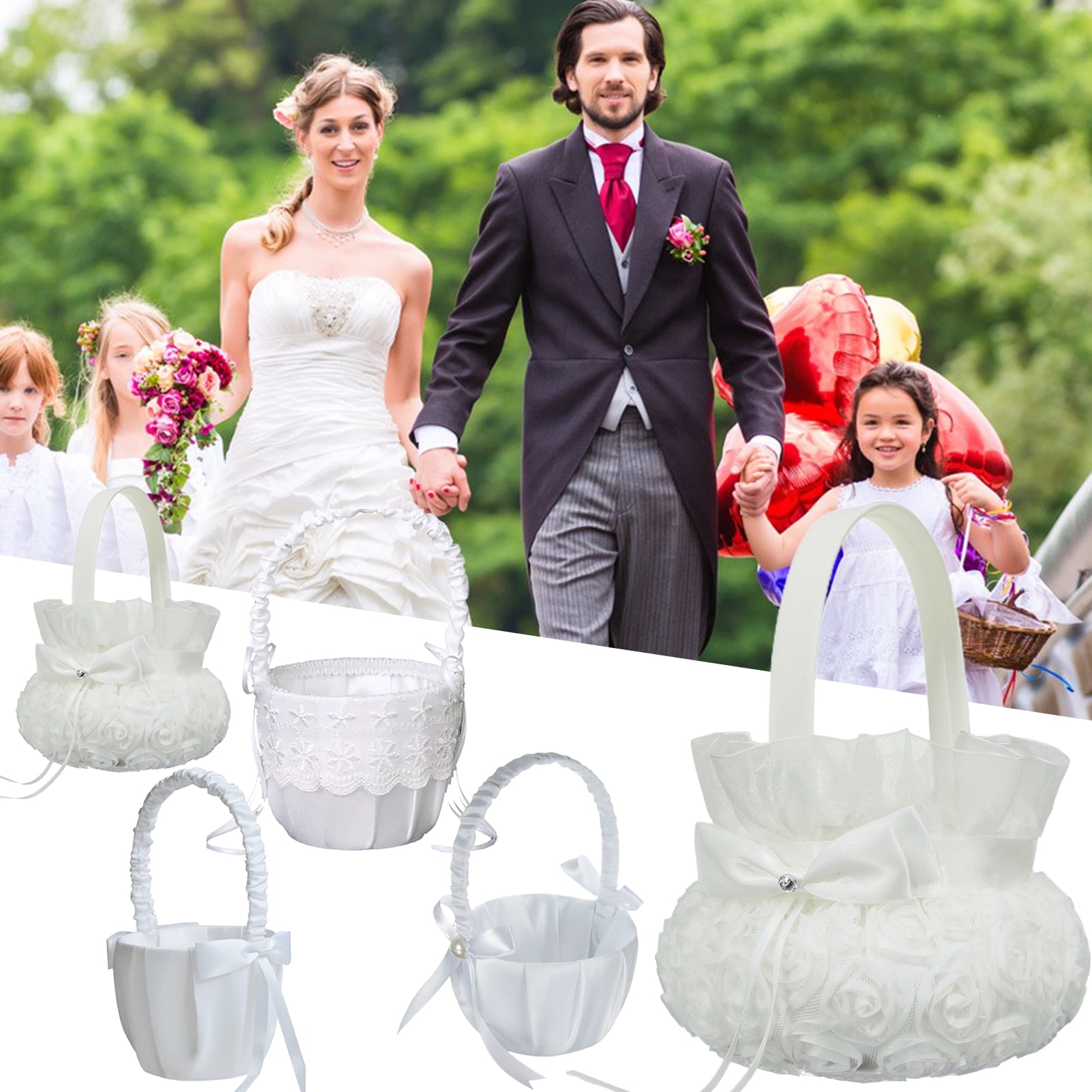 Romantic Satin Lace Bowknot Flower Girl Basket Wedding Ceremony Party White US 