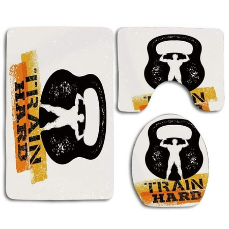 CHAPLLE Fitness Aged Damaged Display Kettlebell Muscular Athletic Man Silhouette Train Hard 3 Piece Bathroom Rugs Set Bath Rug Contour Mat and Toilet Lid