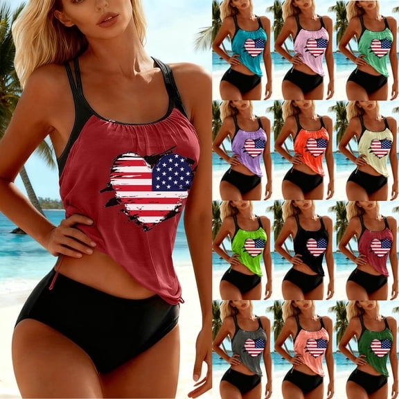 Sakmal Womens Tankinis Tummy Control Padded Swimwear Green Tropical American Flag Bathing Suits for Women L