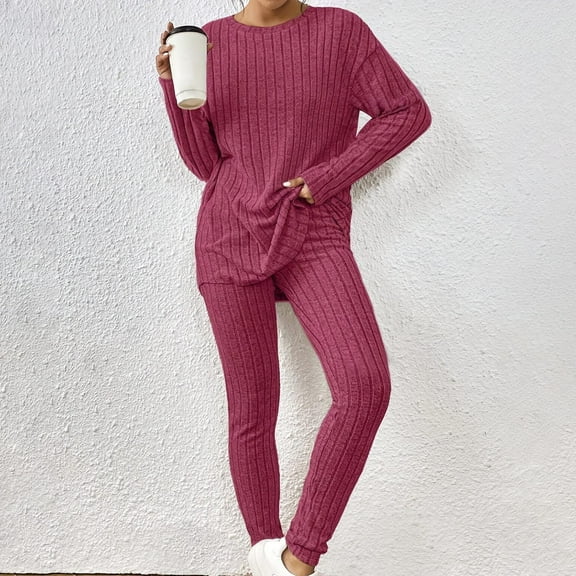 TrendVibe365 Sweater Outfits for Women 2 Piece with Hood Fall Winter Slim St Collar Long Sleeve Loose Wide Leg Pants Pink XL