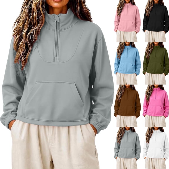 Smsaxvxz Half Zipper Sweatshirts for Women Casual Long Sleeve Shirts Solid Pullover Tops Fashion Fall Outfits Gray S