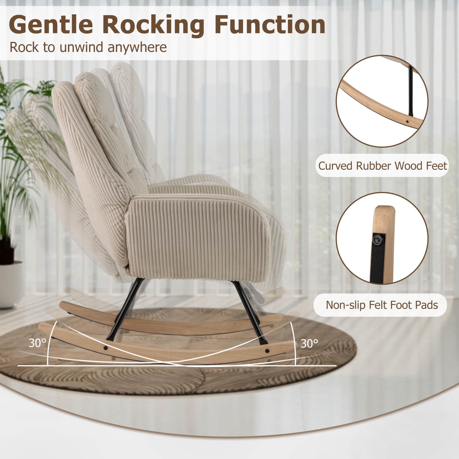 Costway 1 PCS Upholstered Rocking Chair with Padded Backrest & Seat Rubber Wood Feet Metal Frame