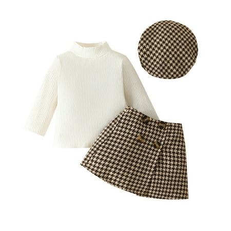 

Toddler Girls Boys Fall Outfits Clothes Ribbed Long Sleeve Tops Houndstooth Print Skirts Beret Baby Clothing Sets Brown 9