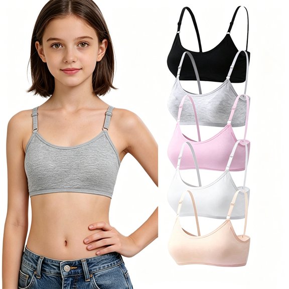 Breathable Soft Gentle Multi Tone Cotton Teen Starter Training Bra Bundle Wireless Light Padded for Big Early Puberty Girls Ages 10-16, Adjustable Straps Daily School Undergarment Pack