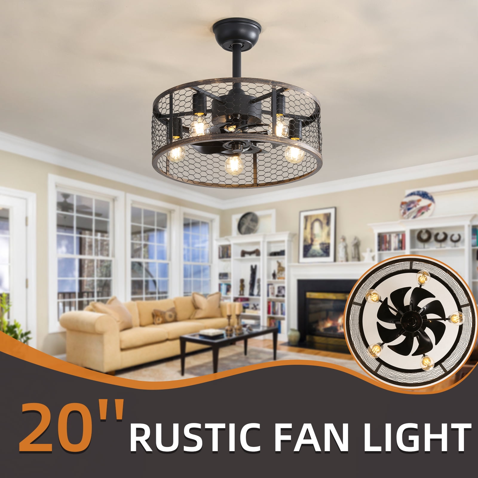 Mintazer 19.7 inch Caged Ceiling Fan with Light, Black Farmhouse Ceiling Fan for Kitchen, Living Room, Home