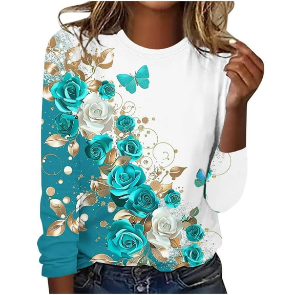 YeJammarp Plus Size Cotton Tops Women Crewneck Long Sleeve Graphic Print T-shirts Loose Fit Spring Fall Winter Tees (4XL, Green 01)