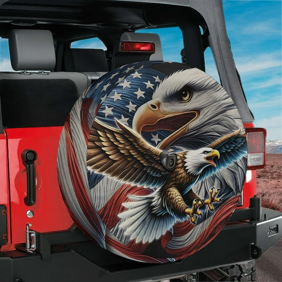 Lotusprinthandmade 3D America Flag Eagle Spare Tire Cover With Backup Camera Hole 6 Sizes (27 in.)