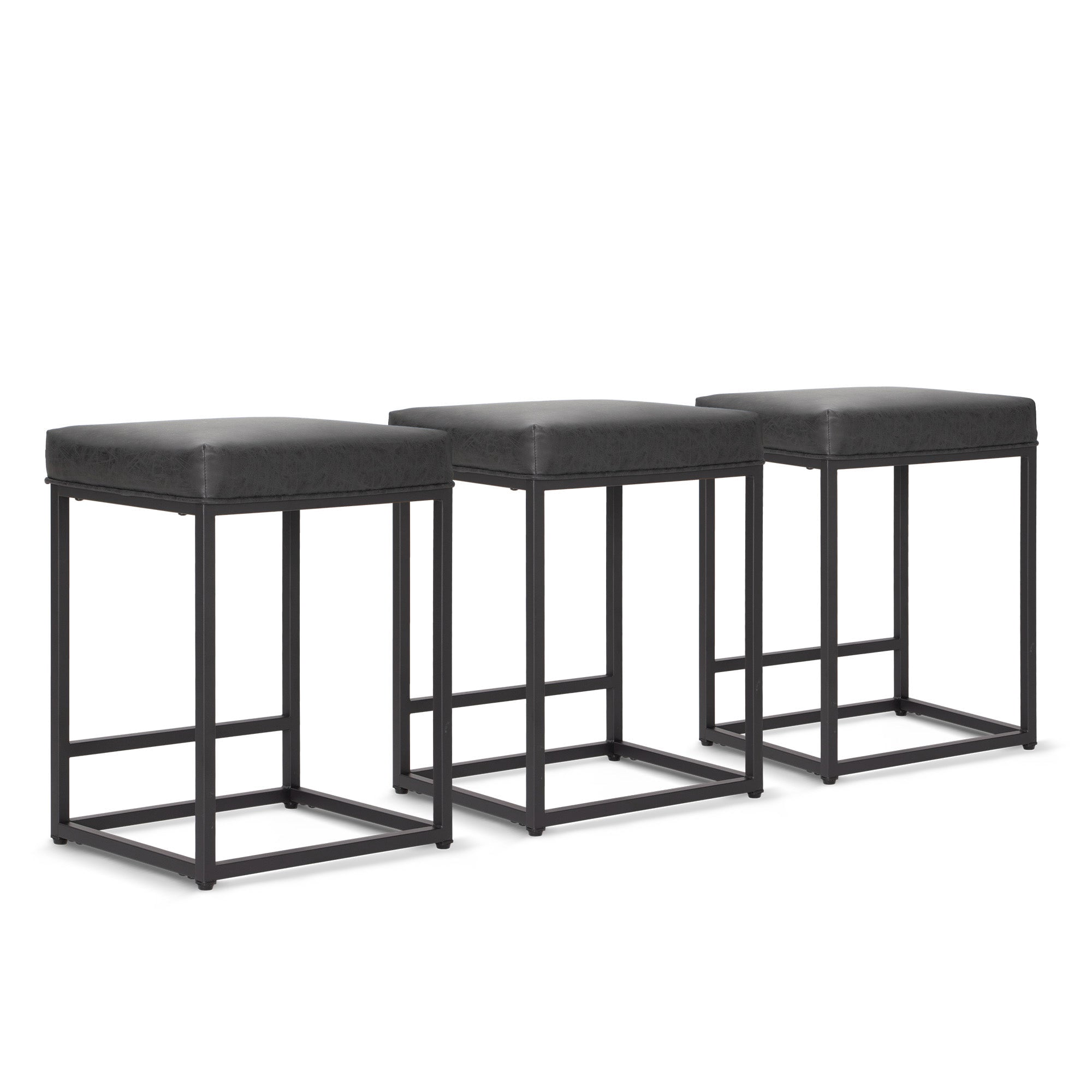SUMMIT LIVING 24" Counter Height Bar Stool Set of 3, Upholstered Faux Leather Backless Counter Stool for Kitchen Island, Black