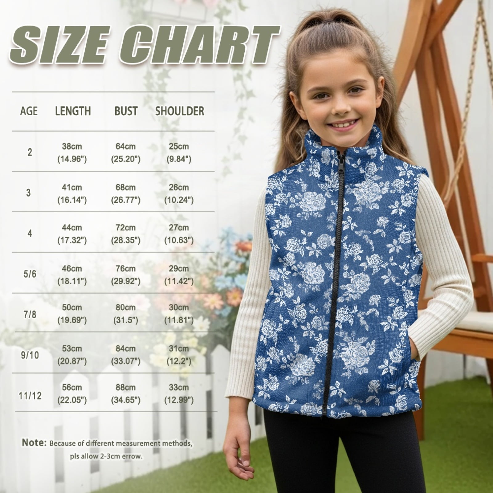 Xoenoiee Blue Rose Flower Print Girls Fleece Vest Sleeveless Outerwear Zipper Jacket Athletic Fall Winter Warm Coat with Pockets, Size 4T