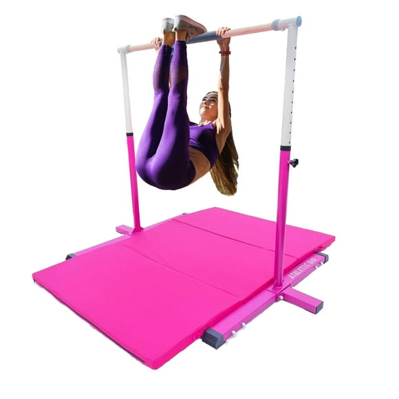 GymPros Barre de Gymnastique Extensible Kip Bar avec Ensemble de Tapis de Gymnastique pour Enfants 6'x4', Hauteur Réglable 3 à 5 Pieds Barre Horizontale Gymnaste Junior Professionnel Barre de Gymnastique Barre Asymétrique Rose