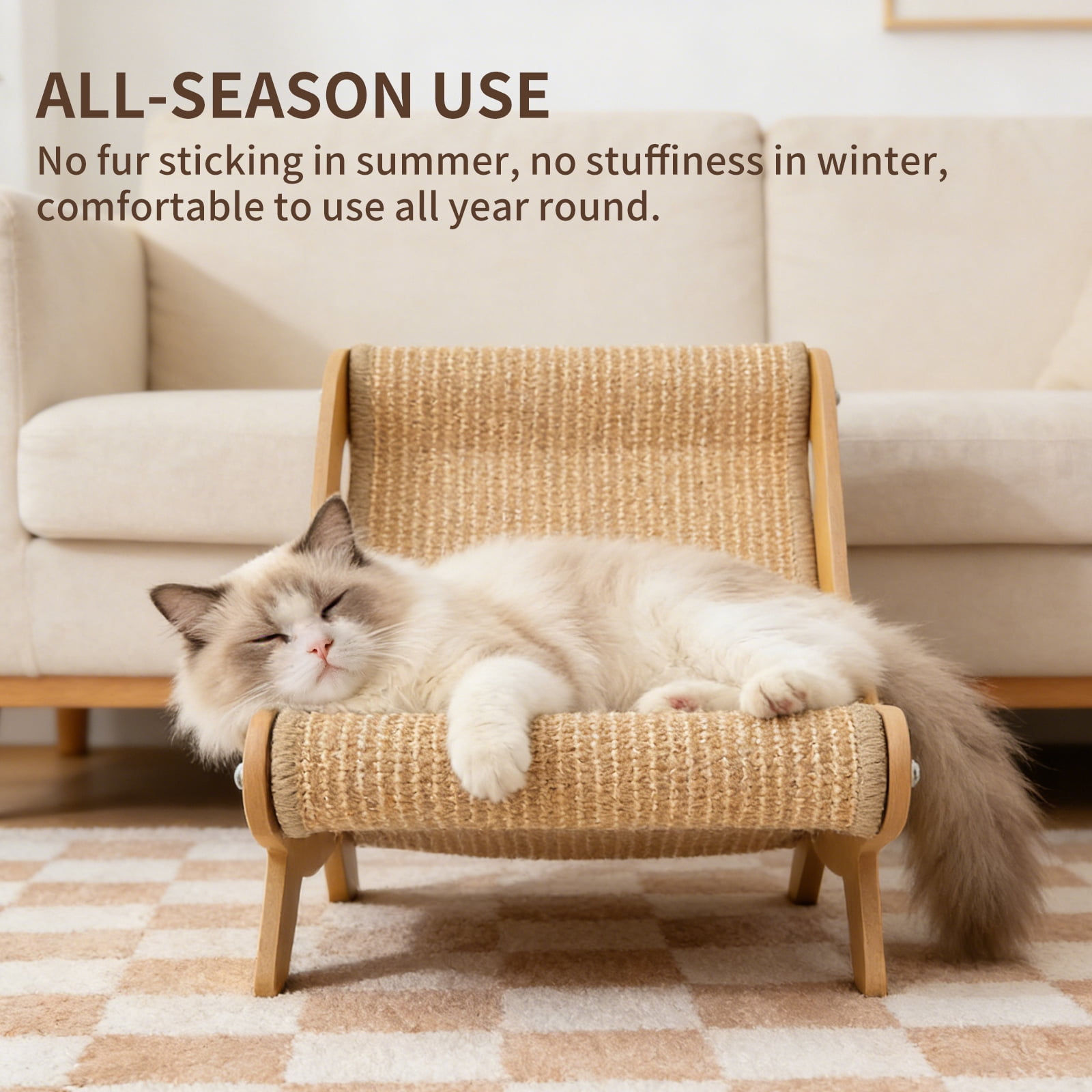2 in 1 Cat Scratcher Lounge Chair, Wooden Hammock Bed With Woven Scratching Surface for Cats Kittens Dogs