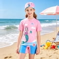 thumbnail image 4 of Rggeeun Baby Girls One-Piece Cartoon Print Short Sleeve Crew Neck Back Zipper Knit Slim Fit Elastic with Matching Hat for Summer Water Activities Lovely Swimsuit,Pink,10-12 Years, 4 of 6