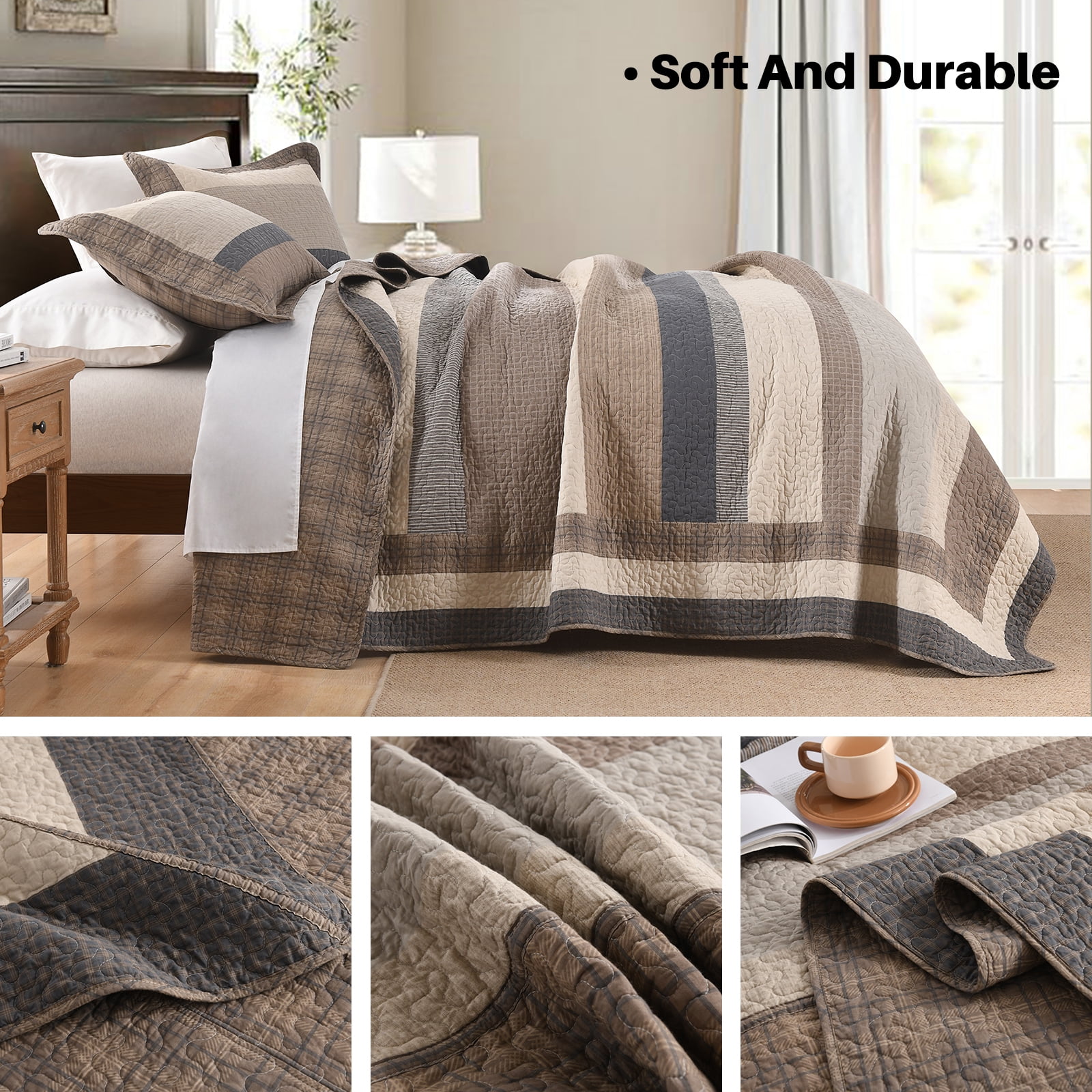Bedduvit Striped 100% Organic Cotton Quilt - Queen Size Quilt Set, Brown Black Beige Farmhouse Cottage Bedspread for Queen Bed, Lightweight Modern Unisex All-Season 3-Piece Comforter Set, 98"x90"