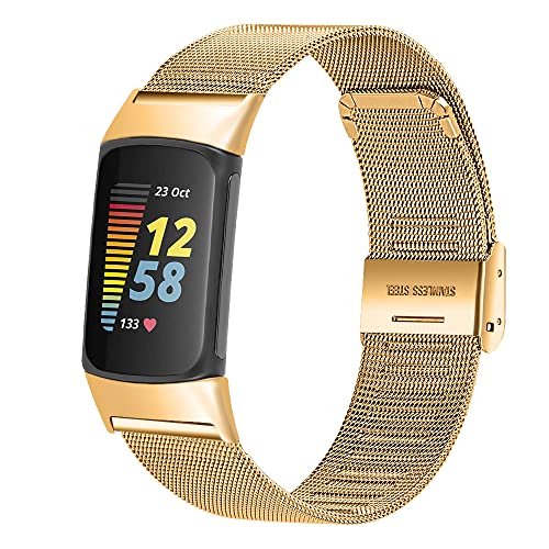 Chofit - Correas de reloj de metal compatibles con Fitbit Charge 5, correa de malla de acero inoxidable ajustable para Fitbit Charge 5, mujeres, hombres (dorado)