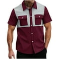 thumbnail image 2 of T-shirts for Men Plus Size under $5 Short Sleeved Lapel Color Block Double Pockets Button Shirt Casual Shirt Wine XXXL, 2 of 6