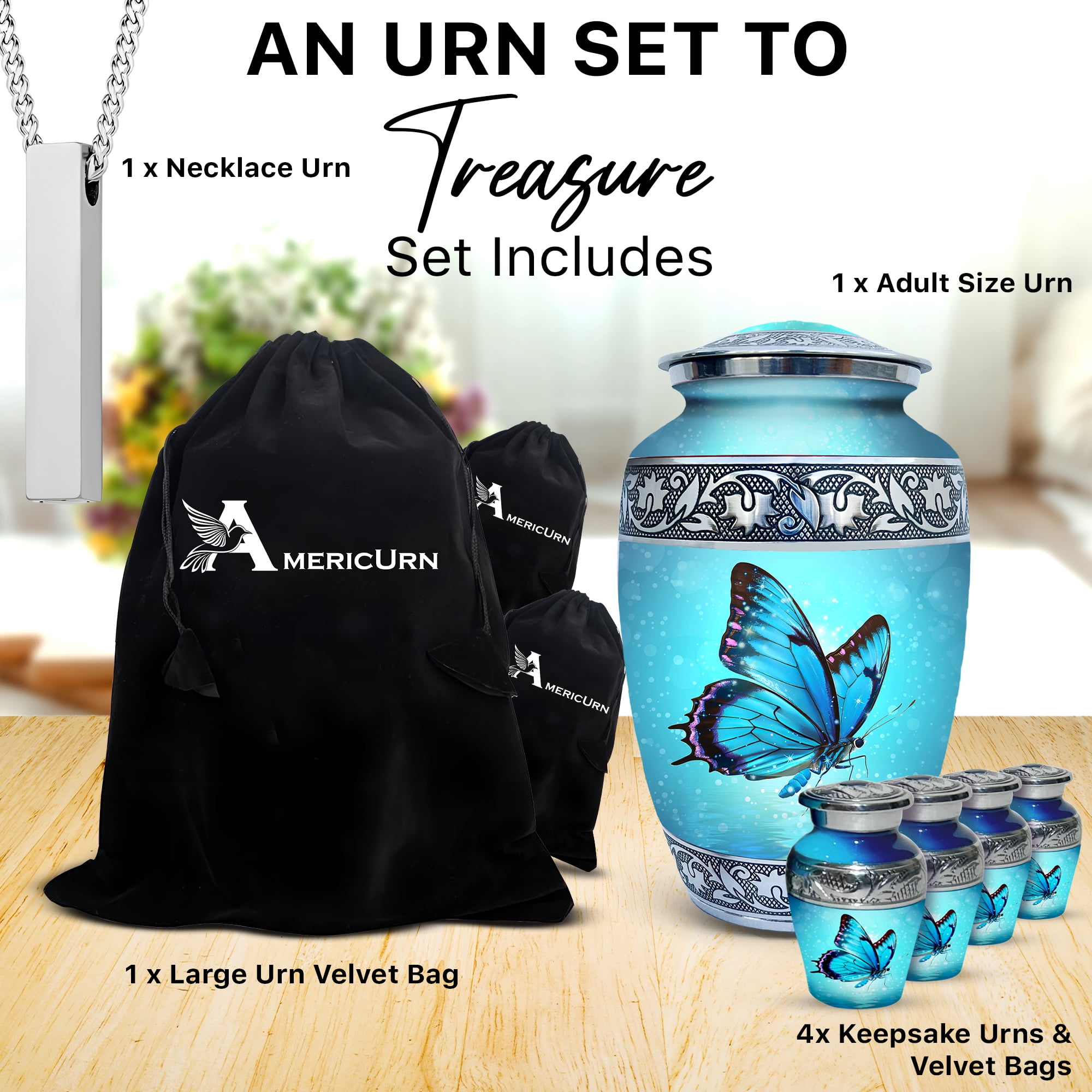 Set of 6 Butterfly Decorative Cremation Urns for Ashes for Women & Men Includes 1 Large Urn with 4 Small Keepsakes & 1 Necklace