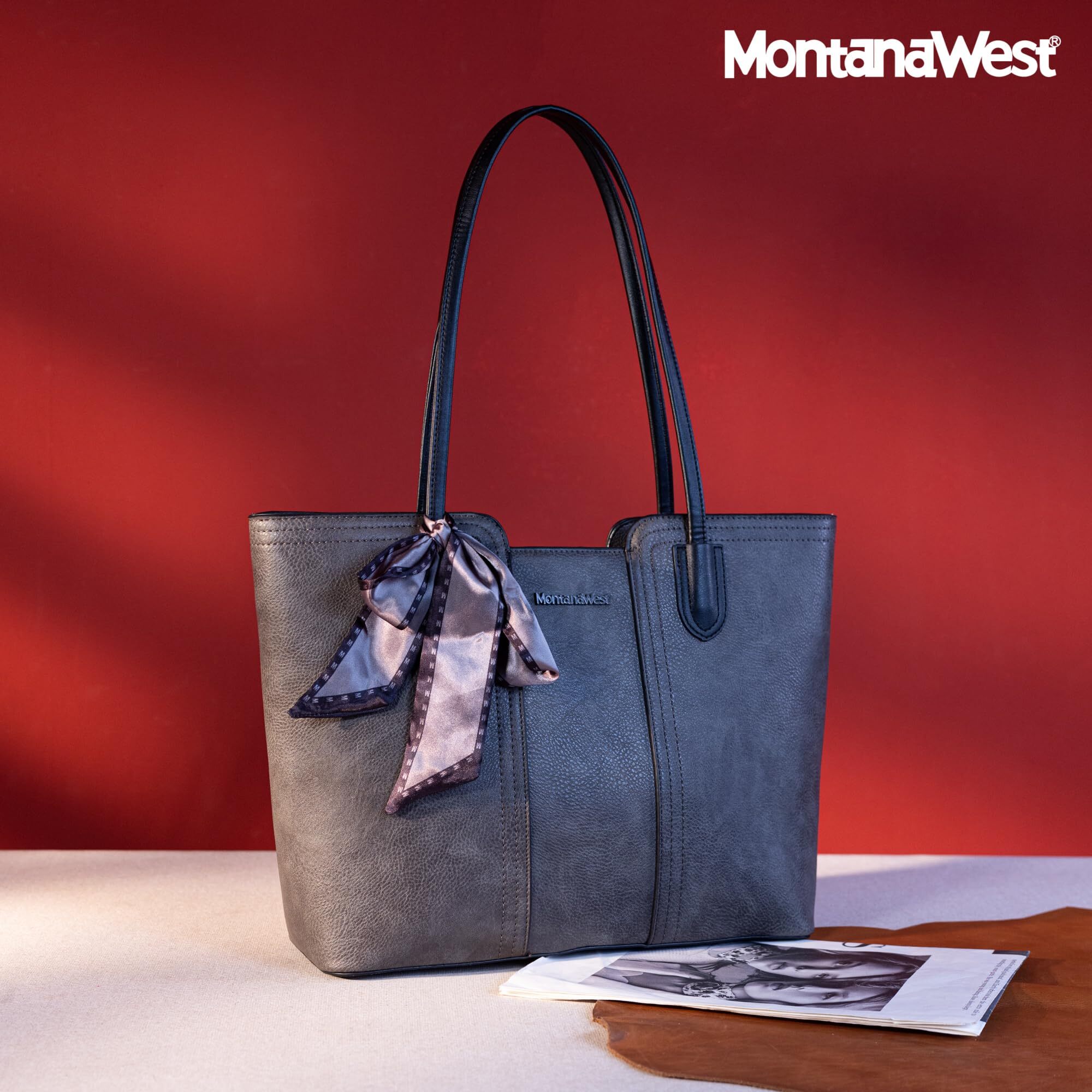 Montana West Tote Bags for Women Medium Top Handle Handbags with Scarf, Dark Grey