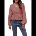thumbnail image 2 of Blusa de Larga para Mujer, Estilo Babydoll, Ligera, de Poliéster, con Cuello en V y Mangas Abullonadas Rojo XL, 2 of 10