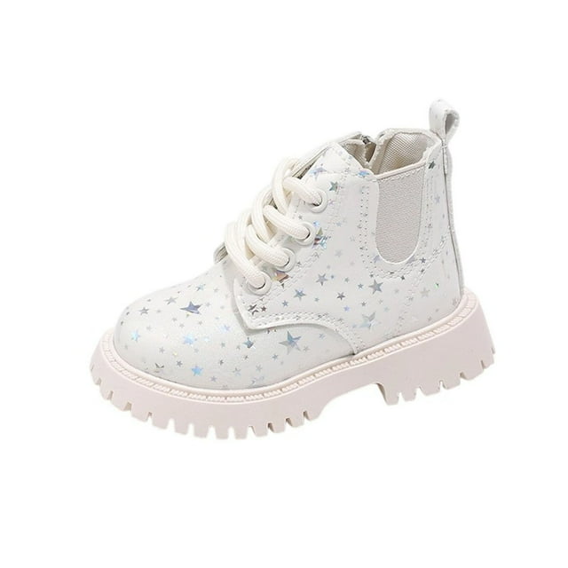 White Front Lace-Up Ankle Boots For Children, Shiny Patent Leather Star Print, British Short Tube Design, All Season Versatility, Comfortable For Long Wear