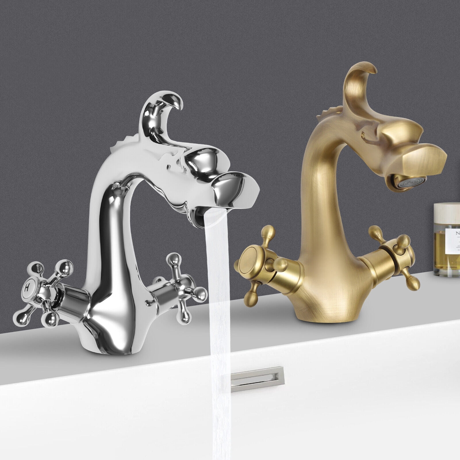 Dragon Shape Silver/Gold Two-Handle One Hole Bathroom Sink Mixer Tap Faucet for Homes, Restaurants, Shopping Centers