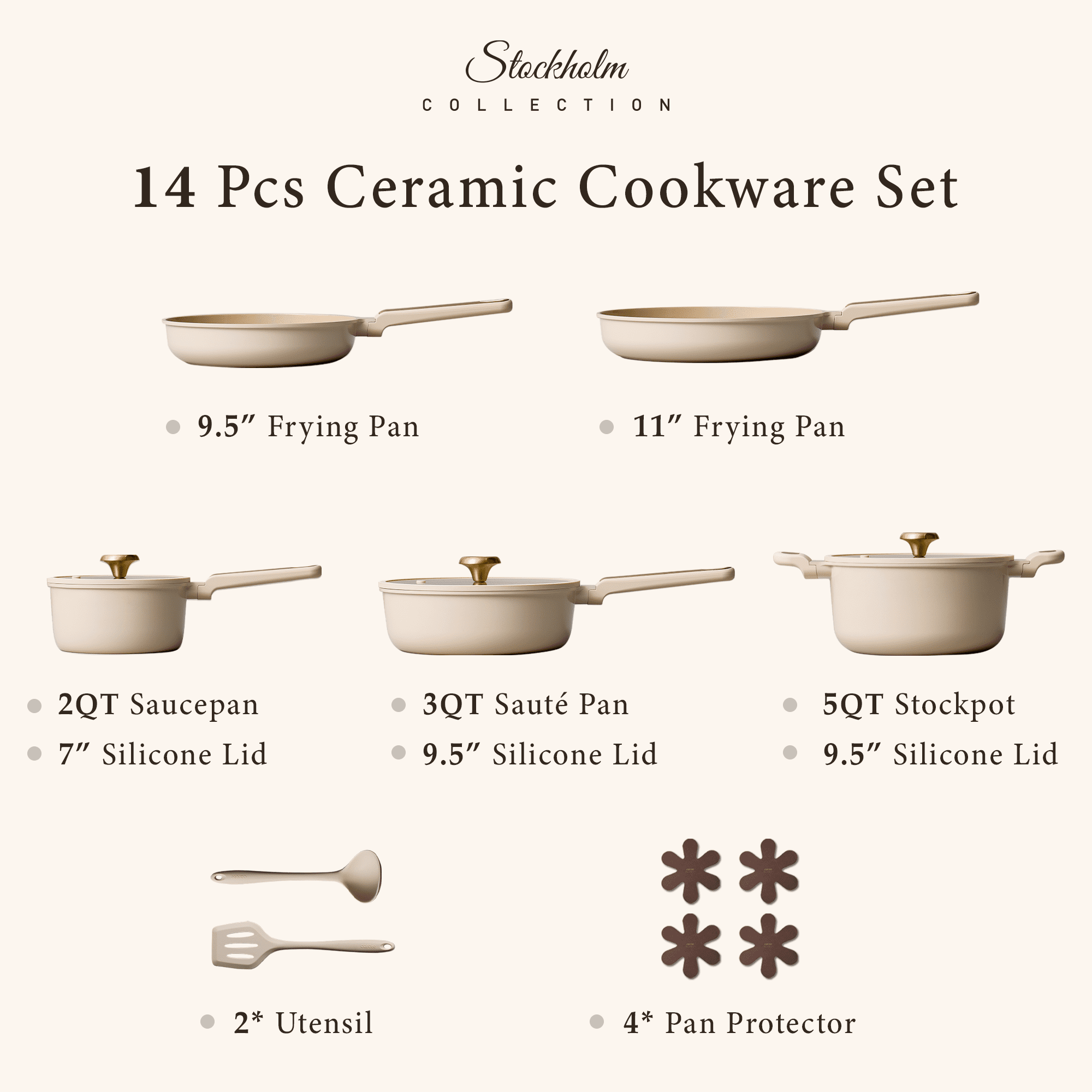 Carote 14-Piece Pots and Pans Set, Ceramic Nonstick Cookware Set with Utensils,Induction Compatible, Taupe