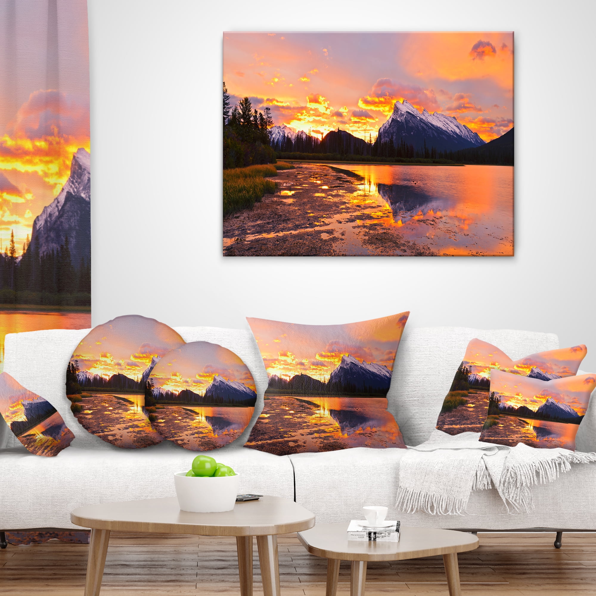 Designart Sunset Above Vermilion Lakes - Landscape Photography Throw Pillow - 12x20