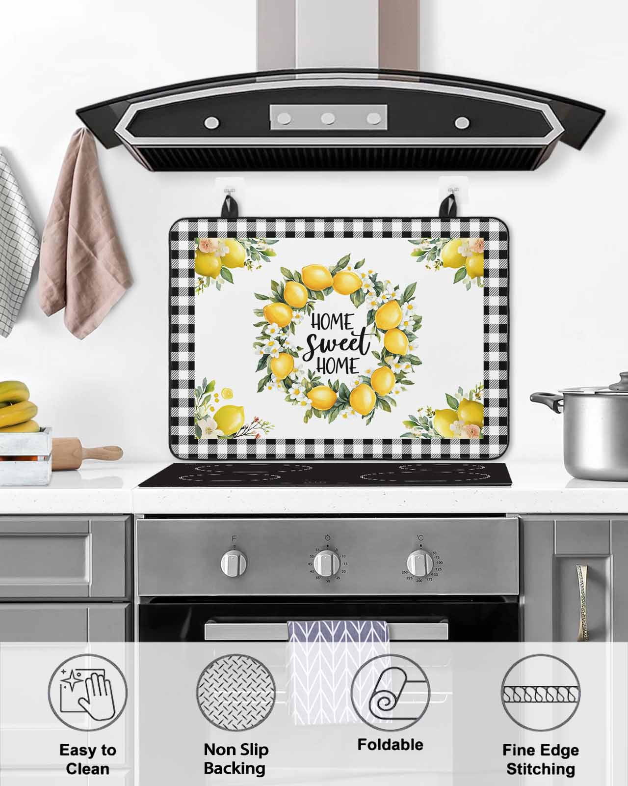 nqOlkjepod Large Induction Cooktop Protector Mat 24"x21", Summer Yellow Lemon Stove Top Covers for Electric Stove, Black Buffalo Plaid Farmhouse Stove Burner Cover Mats, Glass Top Stove Cover