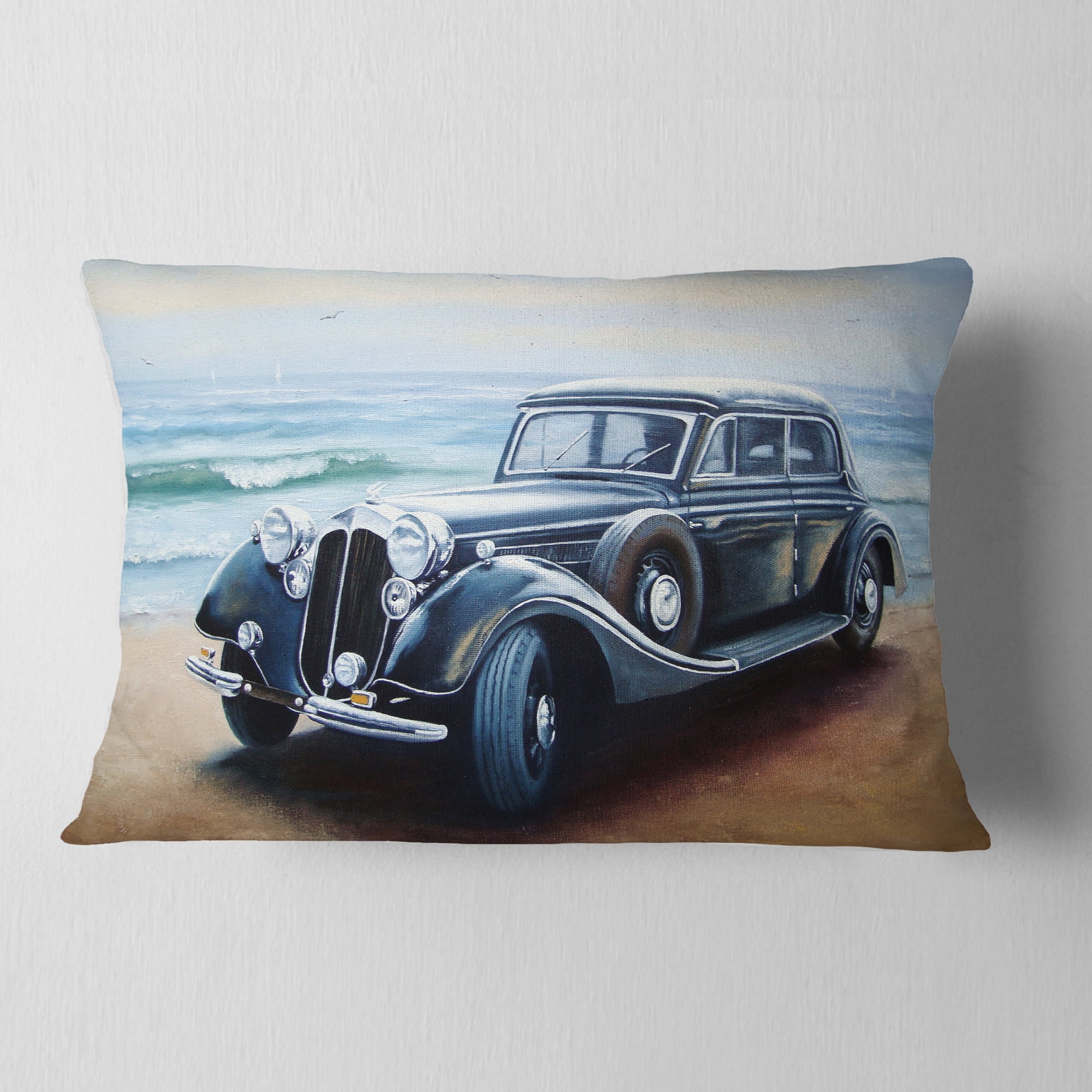 Designart Retro Car on Sea Shore - Car Throw Pillow - 12x20