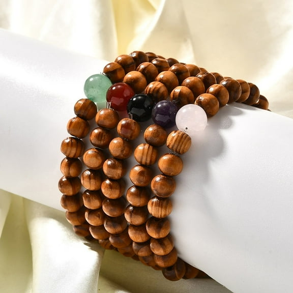 30 pc Wood Beaded Stretch Bracelets with Natural Mixed Stone Beads 53mm