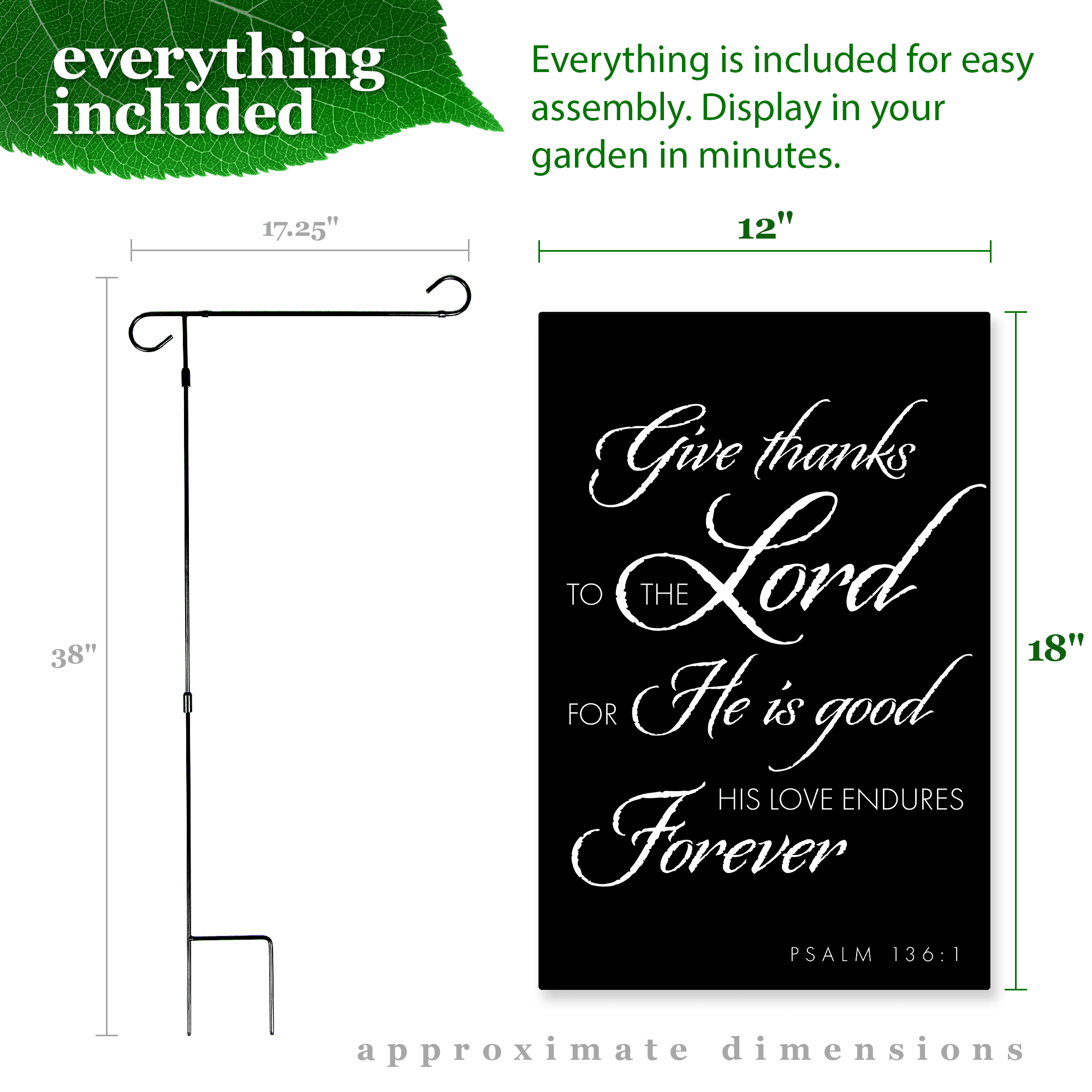 G128 Combo Pack: Garden Flag Stand Black 36x16IN & Garden Flag Give Thanks to the Lord Scripture Printed 12x18IN Double Sided Yard Lawn Decoration