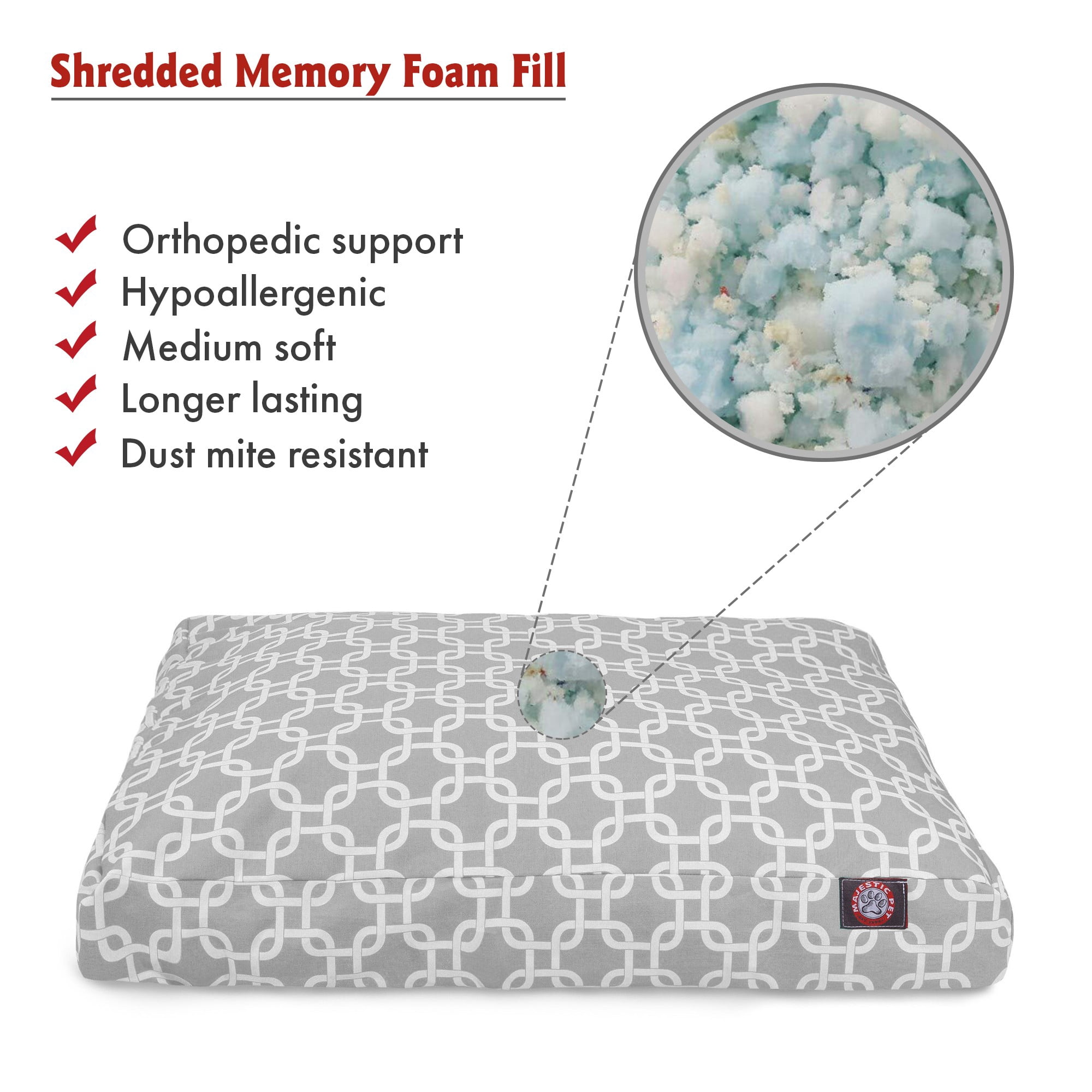 Majestic Pet | Links Shredded Memory Foam Rectangle Pet Bed For Dogs, Removable Cover, Gray, Large