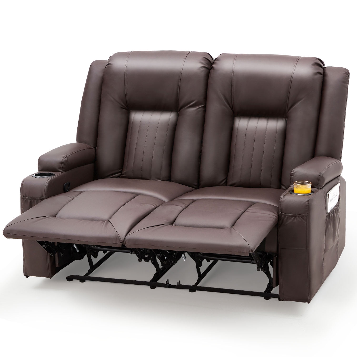 YODOLLA Manual Reclining Loveseat with Cup Holders&Side Pockets, PU Leather Double Recliner Loveseat  Home Theater Seating-Brown