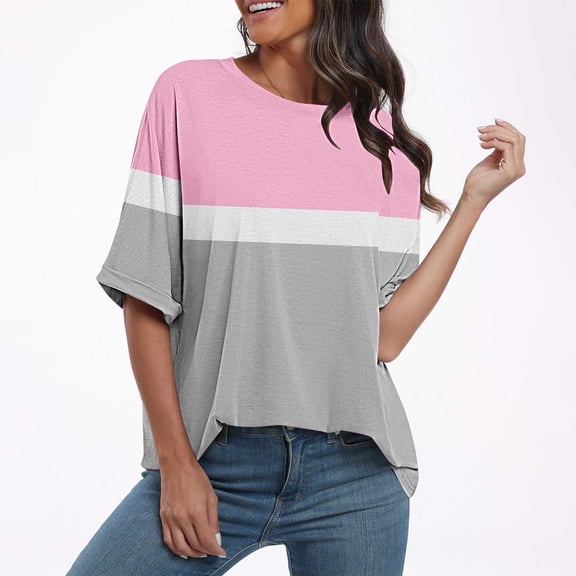 Ashyfjp Graphic Tees for Women Casual Loose Color Blocked Short Sleeve Crew Neck Tops Summer Tops Plus Size T-Shirts for Women, Size S-5XL