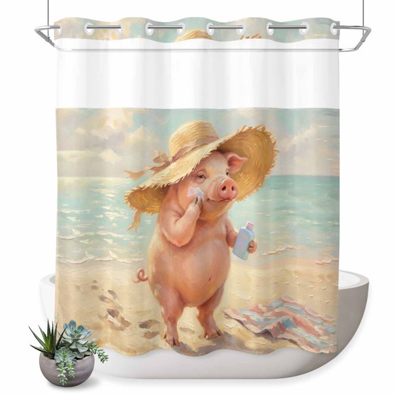 No Hook Shower Curtain, Funny Pig Cute Shower Curtains for Bathroom with See Through Top Window, Summer Beach Oil Painting Abstract Waterproof & Washable Bath Curtain Long 72"x78"