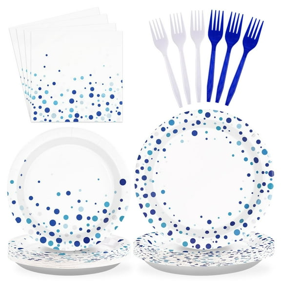Grencian 96 PCS White and Blue AFN1Party Supplies White and Blue Polka Dots Party Plates Disposable Blue Dot Paper Tableware Set for Birthday Wedding Baby Shower Party Decorations, Serves 24