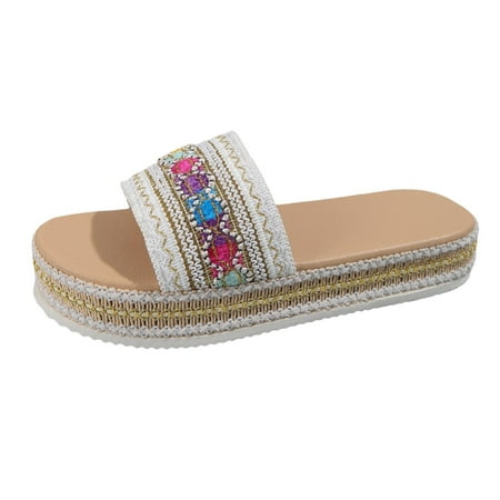 OJSFQUFP Sandals Womens Ladies Fashion Ethnic Style Woven Print Open Toe Flat Bottom Beach Sandals Soft Sole Outdoor Beach Shoes Fun Slippers Hot Pink 37