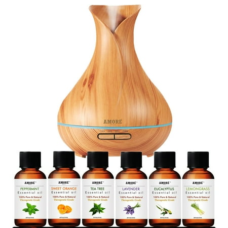 - AMORE Wood Grain Ultrasonic Air Humidifier & Oil Diffuser with Top 6 Essential Oils Blend Set